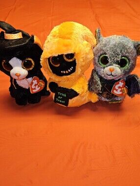 TY Halloween Beanie Boo Plushies Witchie Black Cat, Vlad The Bat, & Grinner 7,"